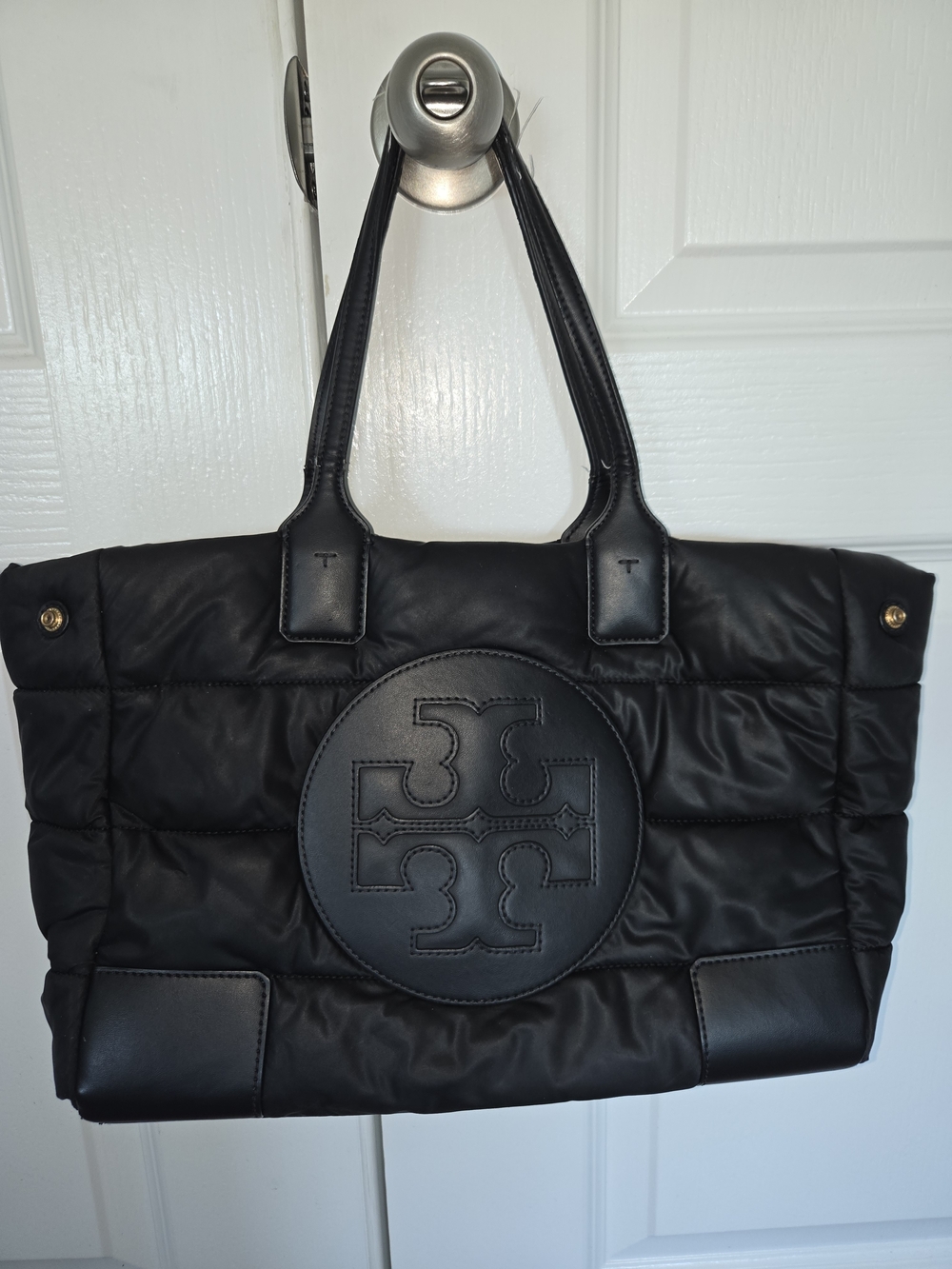 Tory Burch Black Quilted Logo Tote with Top Handles